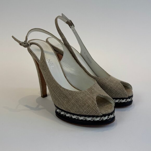 Chanel Beige Canvas and Black Leather Peep Toe Platform Slingbacks, Size 41 - Picture 1 of 14